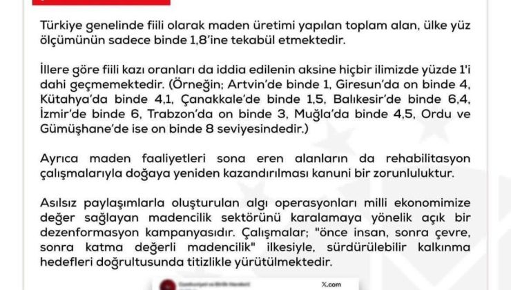 İletişim Başkanlığı; “Madencilik Sektörünü Karalamaya Yönelik Açık Bir Dezenformasyon Kampanyasıdır.”